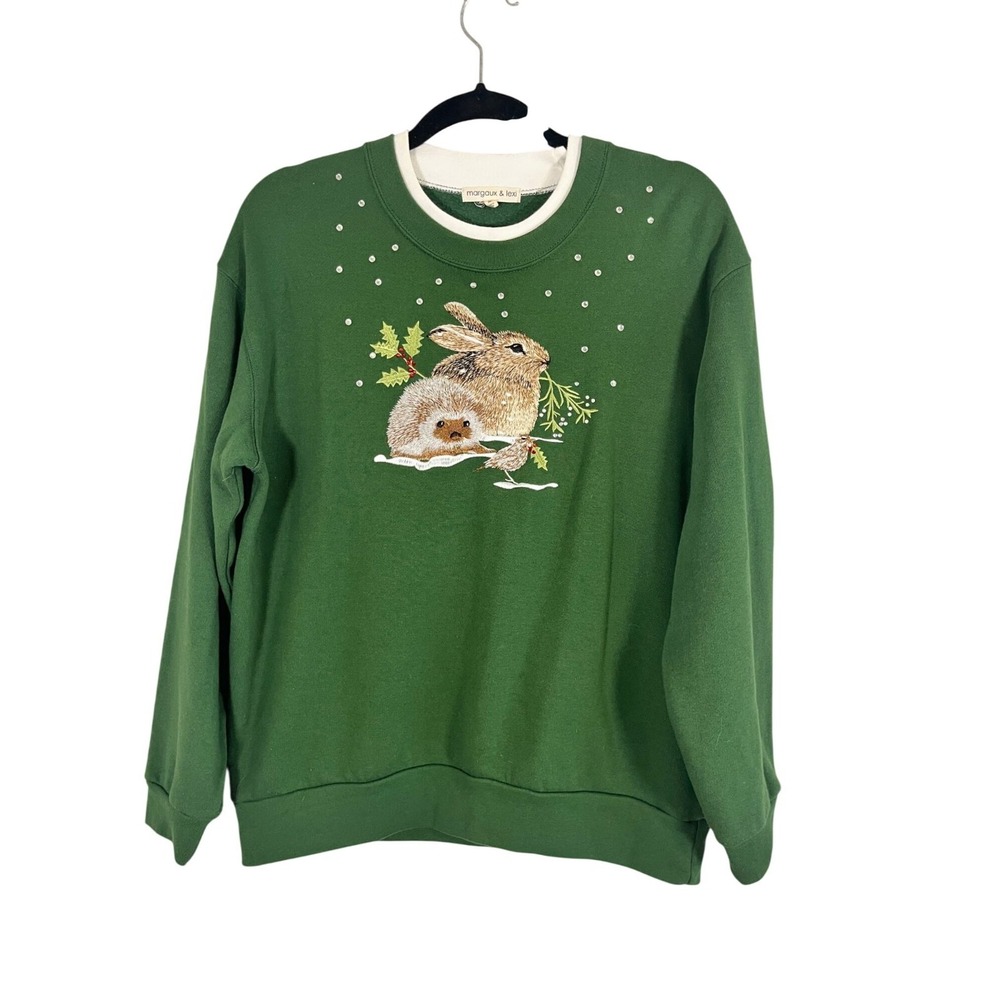 Retro Woodland Sweatshirt Green M Animal Lover Preppy Granny 80s Classic Chic